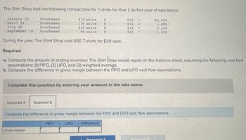 The Shirt Shop had the following transactions for T-shirts for Year 1, its first year of operations:

- **January 20**: Purchased 410 units @ $12 = $4,920
- **April 21**: Purchased 130 units @ $13 = $1,690
- **July 25**: Purchased 230 units @ $14 = $3,220
- **September 19**: Purchased 80 units @ $15 = $1,200

During the year, The Shirt Shop sold 680 T-shirts for $20 each.

**Required:**

a. Compute the amount of ending inventory The Shirt Shop would report on the balance sheet, assuming the following cost flow assumptions: (1) FIFO, (2) LIFO, and (3) weighted average.

b. Compute the difference in gross margin between the FIFO and LIFO cost flow assumptions.

**Instructions:**

Complete this question by entering your answers in the tabs below.

**Difference in Gross Margin Calculation Table:**

|         | FIFO | LIFO | Difference |
|---------|------|------|------------|
| Gross Margin |      |      |            |