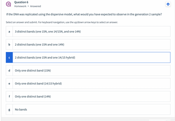 If the DNA was replicated using the dispersive model, what would you have expected to observe in the generation 2 sample?
Select an answer and submit. For keyboard navigation, use the up/down arrow keys to select an answer.
a
b
с
d
e
Question 6
Homework Answered
6.0
g
3 distinct bands (one 15N, one 14/15N, and one 14N)
2 distinct bands (one 15N and one 14N)
2 distinct bands (one 15N and one 14/15 hybrid)
Only one distinct band (15N)
f Only one distinct band (14N)
Only one distinct band (14/15 hybrid)
No bands
