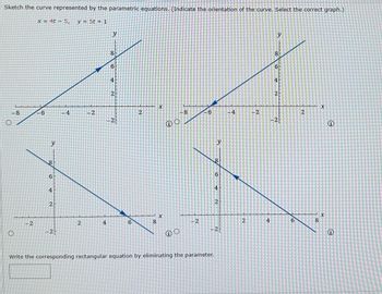 Sketch the curve represented by the parametric equations. (Indicate the orientation of the curve. Select the correct graph.)
x = 4t - 5, y = 5t + 1
y
8
6
AA
4
2
2
-8
-8
-2
-6
y
8
6
4
2
-2
-4
2
-2
4
-2
6
8
X
GO
-2
-6
8
Write the corresponding rectangular equation by eliminating the parameter,
6
N 4
2
-2
4
2
-2
4
8
6
2
2
6
2
8
X
X