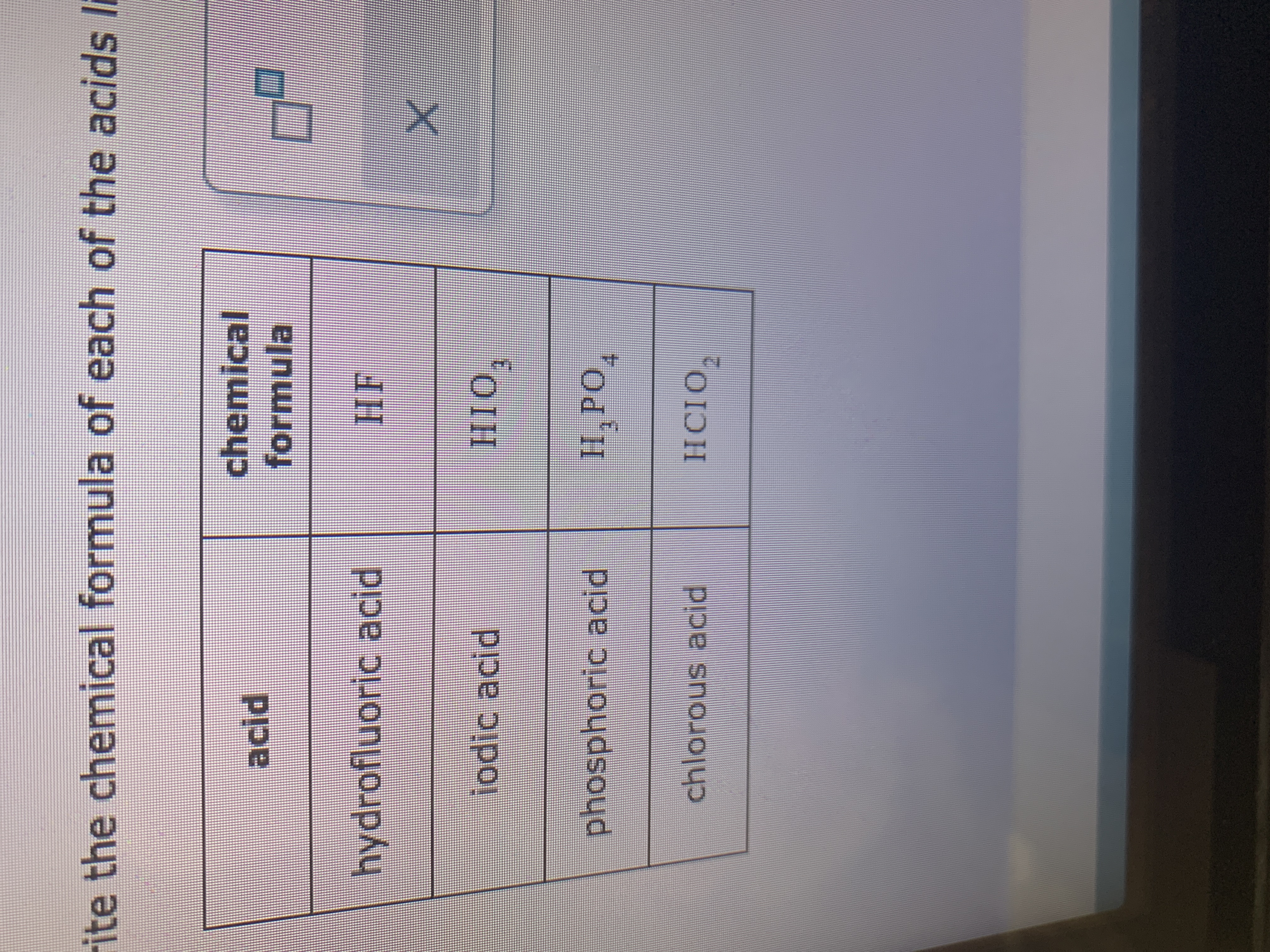 chemical formula of each of the acids
