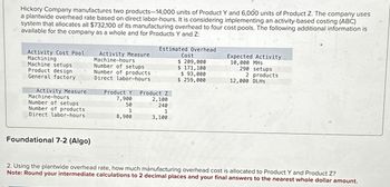 Hickory Company manufactures two products-14,000 units of Product Y and 6,000 units of Product Z. The company uses
a plantwide overhead rate based on direct labor-hours. It is considering implementing an activity-based costing (ABC)
system that allocates all $732,100 of its manufacturing overhead to four cost pools. The following additional information is
available for the company as a whole and for Products Y and Z:
Activity Cost Pool
Machining
Machine setups
Product design
General factory
Activity Measure
Machine-hours
Number of setups
Number of products
Direct labor-hours
Foundational 7-2 (Algo)
Activity Measure
Machine-hours
Number of setups
Number of products
Direct labor-hours
Estimated Overhead
Product Y Product Z
7,900
50
1
8,900
2,100
240
1
3,100
Cost
$ 209,000
$ 171,100
$ 93,000
$ 259,000
Expected Activity
10,000 MHS
290 setups
2 products
12,000 DLHs
2. Using the plantwide overhead rate, how much manufacturing overhead cost is allocated to Product Y and Product Z?
Note: Round your intermediate calculations to 2 decimal places and your final answers to the nearest whole dollar amount.