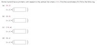 Points A and B have symmetry with respect to the vertical line where x = 4. Find the coordinates of A if B is the following.
(a) (9, 2)
(x, y) =
(ь) (о, 8)
(х, у) %3D
(c) (-8, a)
(x, y) =
(d) (b, c)
(x, y) =
