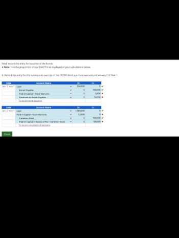 Next, record the entry for issuance of the bonds.
Note: Use the proportion of toal EXACTLY as displayed in your calculations below.
b. Record the entry for the subsequent exercise of the 18,000 stock purchase warrants on January 2 of Year 1.
Date
Account Name
Jan. 1, Year 1 Cash
Bonds Payable
Date
Paid-in Capital-Stock Warrants
Premium on Bonds Payable
To record bond issuance
Jan. 2, Year 1 Cash
Check
Account Name
Paid-in Capital-Stock Warrants
Common Stock
Paid-in Capital in Excess of Par-Common Stock
To record conversion of warrants
Dr.
Cr.
954,000
0 ✓
0
900,000
0
3,600 x
0
54,000 x
Dr.
1,080,000
Cr.
v
53,000
0 x
0
900,000
v
0
180,000 x