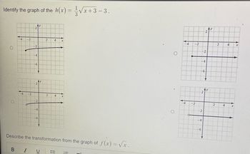 Identify the graph of the h(x) = √√x+3−3.
O
-4 -2
4 -2
-2
-4
-6
-2
-4
2
2
4 X
4
Describe the transformation from the graph of f(x)=√x.
BIU : E
-4
-2
4 -2
-4
-6
-2
-2
2
-4
-6
Ay
2
2
4
4
X
X