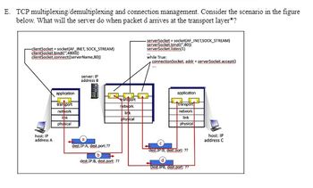 E. TCP multiplexing/demultiplexing and connection management. Consider the scenario in the figure
below. What will the server do when packet d arrives at the transport layer*?
-clientSocket socket(AF_INET, SOCK_STREAM)
clientSocket.bind(".4800))
clientSocket.connect((serverName,80))
host: IP
address A
application
transport
network
Ihk
physical
server: IP
address B
P
dest.IP:A, dest.port:??
transport
network
link
physical
dest.IP:B, dest.port: ??
-serverSocket-socket(AF_INET,SOCK_STREAM)
serverSocket.bind("80))
serverSocket.listen(1)
while True:
connectionSocket, addr = serverSocket.accept()
application
Transport
network
link
physical
des..IP:B, destport: ??
Dest IPB, dest,port: ??
host: IP
address C