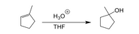 ### Hydration of Methylcyclopentene

This diagram illustrates the acid-catalyzed hydration reaction of methylcyclopentene in the presence of hydronium ion (\( \text{H}_3\text{O}^+ \)) and tetrahydrofuran (THF) as solvent. 

#### Reactants:
- **Methylcyclopentene**: This is the starting alkene with a double bond and a methyl group attached to a five-membered ring.

#### Reaction Conditions:
- **Hydronium Ion (\( \text{H}_3\text{O}^+ \))**: Acts as an acidic catalyst to facilitate the reaction.
- **THF (Tetrahydrofuran)**: Serves as the solvent to dissolve reactants and products, providing a medium for the reaction.

#### Product:
- **Alcohol**: The alkene is converted into an alcohol, with the OH group added to the former alkene carbon.

This transformation involves the addition of water across the double bond. The result is a more substituted alcohol due to the stability of the carbocation intermediate formed during the reaction.