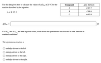 Use the data given here to calculate the values of AGixn at 25 °C for the
Compound
AG; (kJ/mol)
reaction described by the equation
A
+387.7
В
- 568.6
A + B C
C
+402.0
AGixn =
kJ
If AHn and ASixn are both negative values, what drives the spontaneous reaction and in what direction at
standard conditions?
The spontaneous reaction is
O enthalpy-driven to the left.
entropy-driven to the left.
O entropy-driven to the right.
enthalpy-driven to the right.
