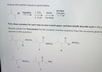 Analyze the reaction sequence given below.
excess
Br Mg/ether
1. CO2
SOCI,
CH;NH2
2. H3O' Pyridine
First, draw a product for each step on your scratch paper, and then briefly describe each in thes
Second, predict the final product for the complete reaction sequence from the structures given be
answers to the questions.
NHCH3
NHCH3
NHCH,
II
NHCH3
NH2
IV
