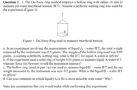 Question 2. 1. The Du-Nuoy ring method employs a hollow ring with radius 10 mm to
measure oil-water interfacial tension (IFT). Assume a perfectly wetting ring was used for
the experiment (Figure 1).
Figure 1: Du-Nuoy Ring used to measure interfacial tension
a. In an experiment involving the measurement of liquid A – water IFT, the total weight
measured by the instrument was 0.5 grams. The weight of the hollow ring used was 0.05
grams. Assuming a perfectly wetting ring, what is the IFT for liquid A-water in mN/m?
b. If the experiment used a solid ring of weight 0.05 grams to measure liquid A-water IFT,
what net force (in Newton) would the instrument measure?
c. The hollow ring (used in part la) was used to measure liquid B – water IFT and the net
weight measured by the instrument was now 0.2 grams. What is the liquid B – water IFT
in mN/m?
d. Can you comment on which liquid (A or B) is more miscible with water? Why?
State any assumptions that you would make while performing this experiment.
