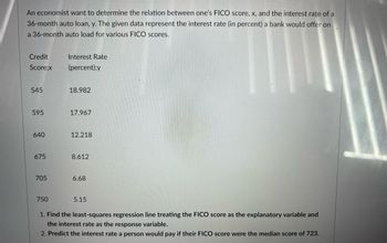 ### Relationship Between FICO Score and Auto Loan Interest Rate

An economist aims to determine the relationship between one's FICO score (x) and the interest rate of a 36-month auto loan (y). The given data represent the interest rate (in percent) a bank would offer on a 36-month auto loan for various FICO scores.

| Credit Score (x) | Interest Rate (percent, y) |
| ---------------- | -------------------------- |
| 545              | 18.982                     |
| 595              | 17.967                     |
| 640              | 12.218                     |
| 675              | 8.612                      |
| 705              | 6.68                       |
| 750              | 5.15                       |

### Tasks:

1. **Find the least-squares regression line** 
   - Treat the FICO score as the explanatory variable and the interest rate as the response variable.

2. **Predict the interest rate**
   - Estimate the interest rate a person would pay if their FICO score were the median score of 723.