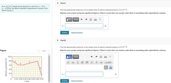 = 0 to
As a +6.2 μC charge moves along the x axis from x =
x =
= 0.70 m, the electric potential it experiences is shown in the
figure. (Figure 1)
Figure
Electric potential (V)
10.0
8.0 1
6.0
4.0
2.0
2
3
4
1 of 1
O 0.10 0.20 0.30 0.40 0.50 0.60 0.70
x (m)
Part A
Find the approximate location(s) of the charge when its electric potential energy is 3.2×10-5 J.
Express your answer using two significant figures. If there is more than one answer, enter them in ascending order separated by commas.
x =
Submit
Part B
X =
VE ΑΣΦ
Submit
Request Answer
Find the approximate location(s) of the charge when its electric potential energy is 4.3×10-5 J.
Express your answer using two significant figures. If there is more than one answer, enter them in ascending order separated by commas.
xa
ΑΠΙ ΑΣΦ
Xb
06
√x vx X
Request Answer
?
<४
m
|X|
wwwwwwww
?
X.10n
X
m