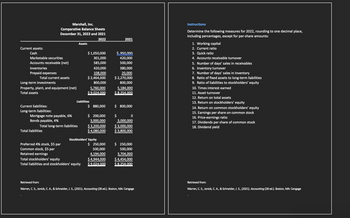 Current assets:
Cash
Marketable securities
Accounts receivable (net)
Inventories
Prepaid expenses
Marshall, Inc.
Comparative Balance Sheets
December 31, 2022 and 2021
2022
Total current assets
Long-term investments
Property, plant, and equipment (net)
Total assets
Current liabilities:
Long-term liabilities:
Mortgage note payable, 6%
Bonds payable, 4%
Total liabilities
Total long-term liabilities
Preferred 4% stock, $5 par
Common stock, $5 par
Retained earnings
Assets
$ 1,050,000
301,000
585,000
420,000
108,000
$ 2,464,000
Liabilities
Total stockholders' equity
Total liabilities and stockholders' equity
800,000
5,760,000
$9.024.000
$ 880,000
$ 200,000
3,000,000
$3,200,000
$ 4,080,000
Stockholders' Equity
$ 250,000
500,000
4,194,000
$ 4,944,000
$9.024.000
2021
$ 950,000
420,000
500,000
380,000
20,000
$ 2,270,000
800,000
5,184,000
$ 8.254.000
$ 800,000
$
0
3,000,000
$3,000,000
$ 3,800,000
$ 250,000
500,000
3,704,000
$ 4,454,000
$ 8.254.000
Retrieved from:
Warren, C. S., Jonick, C. A., & Schneider, J. S., (2021). Accounting (28 ed.). Boston, MA: Cengage
Instructions
Determine the following measures for 2022, rounding to one decimal place,
including percentages, except for per-share amounts:
1. Working capital
2. Current ratio
3. Quick ratio
4. Accounts receivable turnover
5. Number of days' sales in receivables
6. Inventory turnover
7. Number of days' sales in inventory
8. Ratio of fixed assets to long-term liabilities
9. Ratio of liabilities to stockholders' equity
10. Times interest earned
11. Asset turnover
12. Return on total assets
13. Return on stockholders' equity
14. Return on common stockholders' equity
15. Earnings per share on common stock
16. Price-earnings ratio
17. Dividends per share of common stock
18. Dividend yield
Retrieved from:
Warren, C. S., Jonick, C. A., & Schneider, J. S., (2021). Accounting (28 ed.). Boston, MA: Cengage