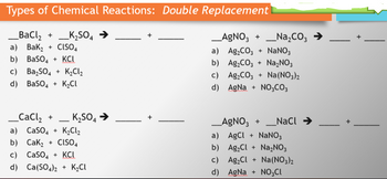 Types of Chemical Reactions: Double Replacement
__BaCl,
_K₂SO4
a) Bak₂ + CISO4
b)
BaSO4 + KCL
c)
Ba₂SO4 + K₂Cl₂
d) BaSO4 + K₂Cl
+
_CaCl₂ +
a) CaSO4 + K₂Cl₂
b) Cak₂ + CISO4
c) CaSO4 + KCI
d) Ca(SO4)2 + K₂Cl
K₂SO4 →
+
+
_AgNO3 + _Na₂CO3 →
a) Ag₂CO3 + NaNO3
Ag₂CO3 + Na₂NO3
b)
c) Ag₂CO3 + Na(NO3)2
d) AgNa + NO₂CO3
_AgNO3 + NaCl →
a) AgCl + NaNO3
b)
Ag₂Cl + Na₂NO3
c)
Ag₂Cl +
d) AgNa+ NO3Cl
Na(NO3)2
+