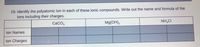 ### Question 19:
Identify the polyatomic ion in each of these ionic compounds. Write out the name and formula of the ions including their charges.

|       | CaCO₃         | Mg(OH)₂       | NH₄Cl         |
|-------|---------------|---------------|---------------|
| Ion Names   |               |               |               |
| Ion Charges |               |               |               |

- **CaCO₃ (Calcium Carbonate)** contains the polyatomic ion **carbonate (CO₃²⁻)**.
- **Mg(OH)₂ (Magnesium Hydroxide)** contains the polyatomic ion **hydroxide (OH⁻)**.
- **NH₄Cl (Ammonium Chloride)** contains the polyatomic ion **ammonium (NH₄⁺)**.

Fill in the table with the relevant ion names and charges:

| Ion Names   | Carbonate | Hydroxide | Ammonium |
| Ion Charges | 2−        | 1−        | 1+       |