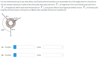 In a two-dimensional tug-of-war, Alex, Betty, and Charles pull horizontally on an automobile tire at the angles shown in the picture.
The tire remains stationary in spite of the three pulls. Alex pulls with force F A of magnitude 214 N, and Charles pulls with force
F c of magnitude 183 N. Note that the direction of F c is not given. What is the magnitude of Betty's force F B if Charles pulls
in (a) the direction drawn in the picture or (b) the other possible direction for equilibrium?
Alex
Charles
145°
Betty
(a) Number
i
Units
(b) Number
i
Units
>
