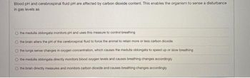 Blood pH and cerebrospinal fluid pH are affected by carbon dioxide content. This enables the organism to sense a disturbance
in gas levels as
O the medulla oblongata monitors pH and uses this measure to control breathing
O the brain alters the pH of the cerebrospinal fluid to force the animal to retain more or less carbon dioxide
the lungs sense changes in oxygen concentration, which causes the medulla oblongata to speed up or slow breathing
the medulla oblongata directly monitors blood oxygen levels and causes breathing changes accordingly
O the brain directly measures and monitors carbon dioxide and causes breathing changes accordingly