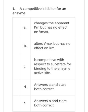 1.
A competitive inhibitor for an
enzyme
a.
b.
C.
d.
e.
changes the apparent
Km but has no effect
on Vmax.
alters Vmax but has no
effect on Km.
is competitive with
respect to substrate for
binding to the enzyme
active site.
Answers a and care
both correct.
Answers b and care
both correct.