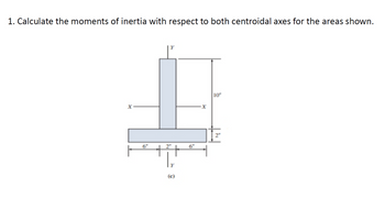 **Calculate the Moments of Inertia with Respect to Both Centroidal Axes for the Areas Shown**

**Diagram Description:**

The diagram shows a composite shape consisting of two rectangular sections forming an inverted "T" shape. The dimensions are given in inches.

- The horizontal base of the "T" shape is a rectangle measuring 14 inches in total width and 2 inches in height. It is symmetrical about the vertical axis.
  - It consists of two segments each 6 inches wide, with a central vertical segment (2 inches wide) adding to its total width.
  
- The vertical section of the "T" is a rectangle that measures 2 inches in width and 10 inches in height, centered on the base.

**Axes:**

- The diagram includes centroidal axes labeled \( X \) (horizontal) and \( Y \) (vertical), intersecting at the center of the shape.
- The \( X \) axis runs horizontally through the center of the horizontal section.
- The \( Y \) axis runs vertically through the center of the entire shape, aligning with the vertical segment of the "T".

The task is to calculate the moments of inertia about these centroidal \( X \) and \( Y \) axes for the shaded area defined by this "T" shape.