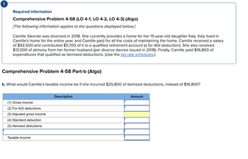 Required information
Comprehensive Problem 4-58 (LO 4-1, LO 4-2, LO 4-3) (Algo)
[The following information applies to the questions displayed below.]
Camille Sikorski was divorced in 2018. She currently provides a home for her 15-year-old daughter Kaly. Kaly lived in
Camille's home for the entire year, and Camille paid for all the costs of maintaining the home. Camille received a salary
of $92,500 and contributed $5,700 of it to a qualified retirement account (a for AGI deduction). She also received
$13,500 of alimony from her former husband (per divorce decree issued in 2018). Finally, Camille paid $16,800 of
expenditures that qualified as itemized deductions. (Use the tax rate schedules.)
Comprehensive Problem 4-58 Part-b (Algo)
b. What would Camille's taxable income be if she incurred $25,800 of itemized deductions, instead of $16,800?
(1) Gross income
(2) For AGI deductions
(3) Adjusted gross income
(4) Standard deduction
(5) Itemized deductions
Taxable income
Description
Amount