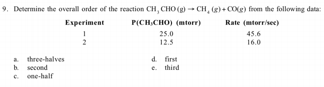 9. Determine the overall order of the reaction CH, CHO (g) → CH, (g) + CO(g) from the following data:
P(CH;CHO) (mtorr)
Rate (mtorr/sec)
45.6
Experiment
2
25.0
12.5
16.0
three-halves
d. first
third
a.
b. second
one-half
e.
c.
