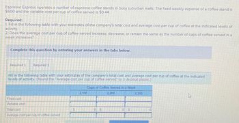 Espresso Express operates a number of espresso coffee stands in busy suburban malls. The fixed weekly expense of a coffee stand is
$600 and the variable cost per cup of coffee served is $0.44.
Required:
1. Fill in the following table with your estimates of the company's total cost and average cost per cup of coffee at the indicated levels of
activity.
2. Does the average cost per cup of coffee served increase, decrease, or remain the same as the number of cups of coffee served in a
week increases?
Complete this question by entering your answers in the tabs below.
Required 1 Required 2
Fill in the following table with your estimates of the company's total cost and average cost per cup of coffee at the indicated
levels of activity. (Round the "Average cost per cup of coffee served" to 3 decimal places.)
Cups of Coffee Served in a Week
2,200
Fixed cost
Variable cost
Total cost
Average cost per cup of coffee served
S
2,100
0 S
2,300