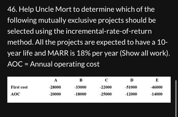 46. Help Uncle Mort to determine which of the
following mutually exclusive projects should be
selected using the incremental-rate-of-return
method. All the projects are expected to have a 10-
year life and MARR is 18% per year (Show all work).
AOC Annual operating cost
=
A
B
C
D
E
First cost
-28000
-33000
-22000
-51000
-46000
AOC
-20000
-18000
-25000
-12000
-14000