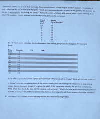 Question 5: Jimmy has a room that overlooks, from some distance, a major league baseball stadium. He decides to
rent a telescope for $50 a week and charge his friends and classmates to use it to peep at the game for 30 seconds. He
can act as a monopolist for renting out "peeps". For each person who takes a 30 second peep, it costs Jimmy $.20 to
clean the eyepiece. Jimmy believes he has the following demand for his service:
Price of
a Peep
$1.20
Quantity
of peeps demanded
1.00
90
100
150
200
250
300
70
60
50
350
40
30
400
450
20
10
500
550
a) For each price, calculate the total revenue from selling peeps and themarginal revenue per
peep.
Price
Quantity
TR
MR
$1.20
100
90
100
150
200
70
250
60
300
350
50
40
30
400
450
20
500
10
550
b) At what quantity will Jimmy's profit be maximized? What price will he charge? What will his total profit be?
c) Jimmy's landlady complains about all the visitors coming into the building and tells Jimmy to stop selling
peeps. Jimmy discovers, though, if he gives the lady $.20 for every peep he sells, she will stop complaining.
What effect does this bribe have on the marginal cost per peep? What is the new profit maximizing equilibrium
quantity of peeps? What effect does the bribe have on Jimmy's profits (all these answers should be numbers)?
a) cteristics of each market structure to explain why this relationship might exist,
