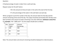 Question:
A fixed percentage of water is taken from a well each day.
Request values for W and P where:
- W is the amount (in litres) of water in the well at the start of the first day
·P is the percentage of the water in the well taken out each day
Write a program to print the number of the day, the amount taken for that day and the
amount remaining at the end of the day. The output should be terminated when 30 days have
been printed or the amount of water remaining is less than 100 litres, whichever comes first.
For example, if W = 1000 and P = 10, the output should start as follows:
Day
Amount
Amount
Taken
Remaining
100
900
2
90
810
3
81
729
Note: The amount taken and amount remaining should be displayed to 2 decimal places.
