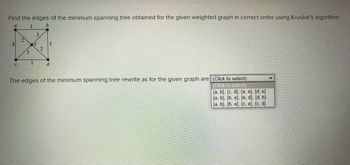 Find the edges of the minimum spanning tree obtained for the given weighted graph in correct order using Kruskal's algorithm.
a
1
b
C
2
3
1
3
e
2
3
d
******
The edges of the minimum spanning tree rewrite as for the given graph are: (Click to select)
(Click to select)
{a, b}, {c, d}, {a, e}, {d, e}
{a, b}, {b, e}, {e, d}, {d, b}
{a, b}, {b, e}, {c, e}, {c, d}
V