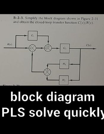 R(s)
B-2-3. Simplify the block diagram shown in Figure 2-31
and obtain the closed-loop transfer function C(s)/R(s).
G₁
G₂
H₁
H₂
C(s)
block diagram
PLS solve quickly