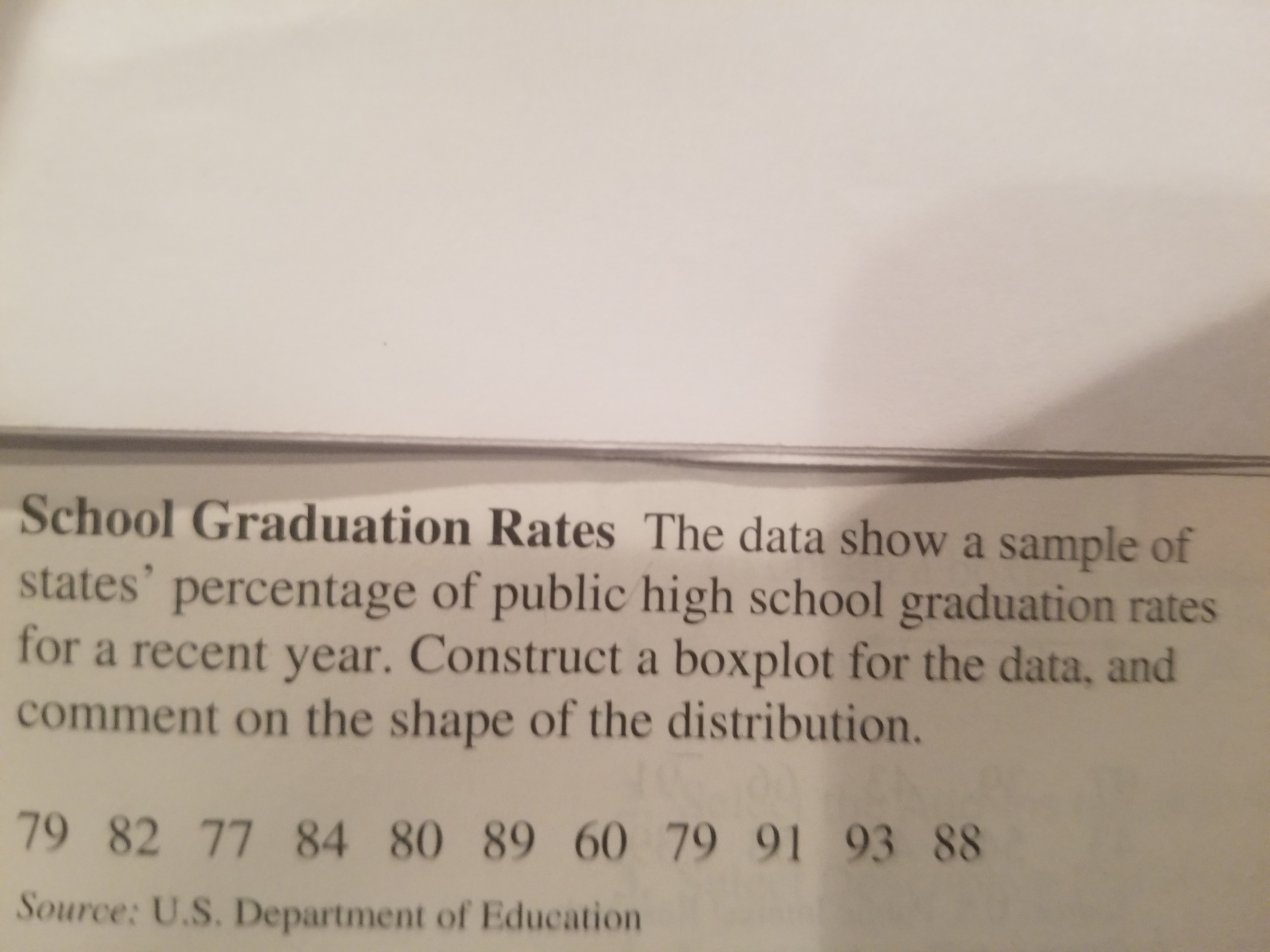 School Graduation Rates The data show a sample of
states' percentage of public high school graduation rates
for a recent year. Construct a boxplot for the data, and
comment on the shape of the distribution.
79 82 77 84 80 89 60 79 91 93 88
Source: U.S. Department of Education
