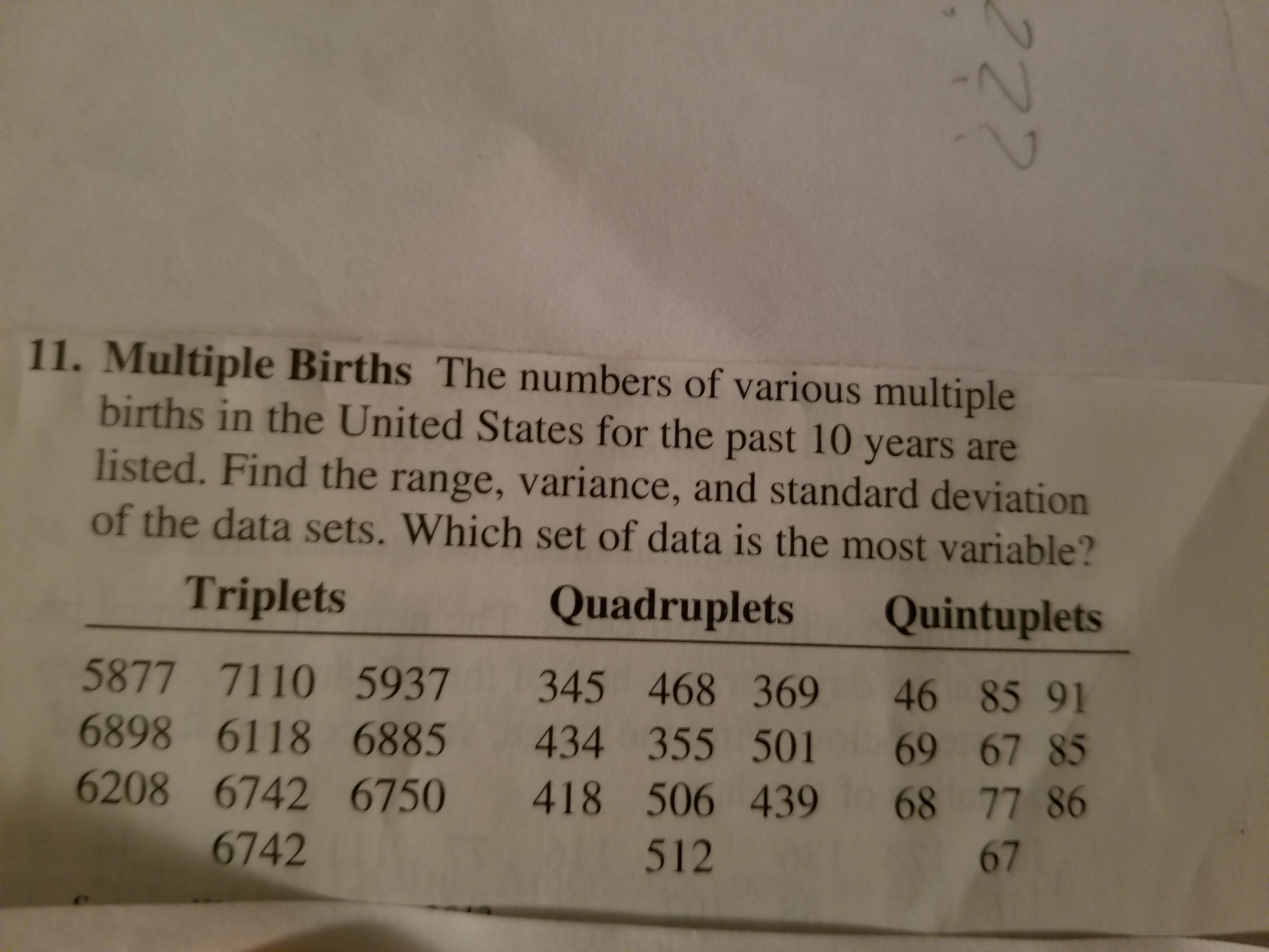11. Multiple Births The numbers of various multiple
births in the United States for the past 10 years are
listed. Find the range, variance, and standard deviation
of the data sets. Which set of data is the most variable?
Triplets
Quadruplets Quintuplets
5877 7110 5937 345 468 369 46 85 91
6898 6118 6885 434 355 501 69 67 85
6208 6742 6750 418 506 439 68 77 86
6742
512
67
