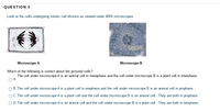 QUESTION 3
Look at the cells undergoing mitotic cell division as viewed under 400X microscopes.
Microscope A
Microscope B
Which of the following is correct about the pictured cells?
The cell under microscope A is an animal cell in metaphase and the cell under microscope B is a plant cell in interphase.
OA.
B. The cell under microscope A is a plant cell in anaphase and the cell under microscope B is an animal cell in prophase.
C. The cell under microscope A is a plant cell and the cell under microscope B is an animal cell. They are both in prophase.
O D. The cell under microscope A is an animal cell and the cell under microscope B is a plant cell. They are both in telophase.
