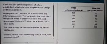 Amos is a dot-com entrepreneur who has
established a Web site at which people can design
and buy abackpack.
Amos pays $800 a month for a Web server and
Internet connection. The backpacks that customers
design are made to order by another firm, and
Amos pays this firm $20 a backpack. Amos has no
other costs.
The table shows the demand schedule for Amos's
backpacks.
What is Amos's profit-maximizing output, price, and
economic profit?
Price
(dollars per backpack)
Quantity
(backpacks per mon
100
0
80
20
60
40
40
60
20
80
0
100