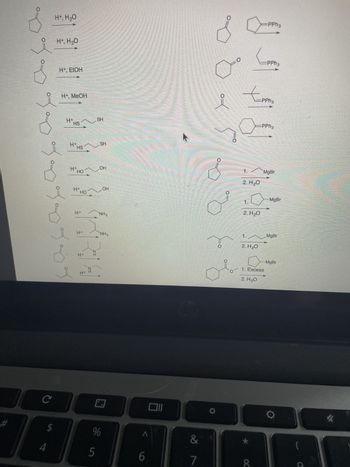 0
H+, H₂O
H*, H₂O
H, EtOH
0
=PPh3
PPh3
H+. MeOH
i
PPh3
H+
HS
SH
PPh3
+H
SH
HS
H+
HO
+H
HO
OH
HO
H+
NH2
1.
2. H₂O
1.
MgBr
2. H₂O
2. H₂O
1.
H+
NH2
#
C
+H
+H
ZI
V
%
$
4
&
5
6
7
MgBr
MgBr
1. Excess
2. H2O
MgBr
C
Yr