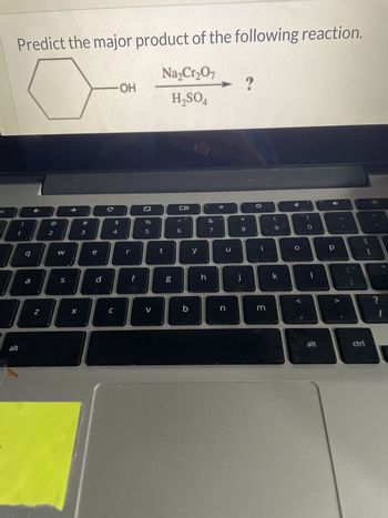 Predict the major product of the following reaction.
SC
9
a
alt
Na₂Cг₂O¬
-OH
?
H₂SO4
C
#
2
3
N
W
e
S
X
d
$ 4
C
וום
%
>
5
6
t
6.0
g
27
&
y
น
כ
V
b
* 00
8
i
9
h
j
k
n
3
O
0
P
{
alt
ctrl
11