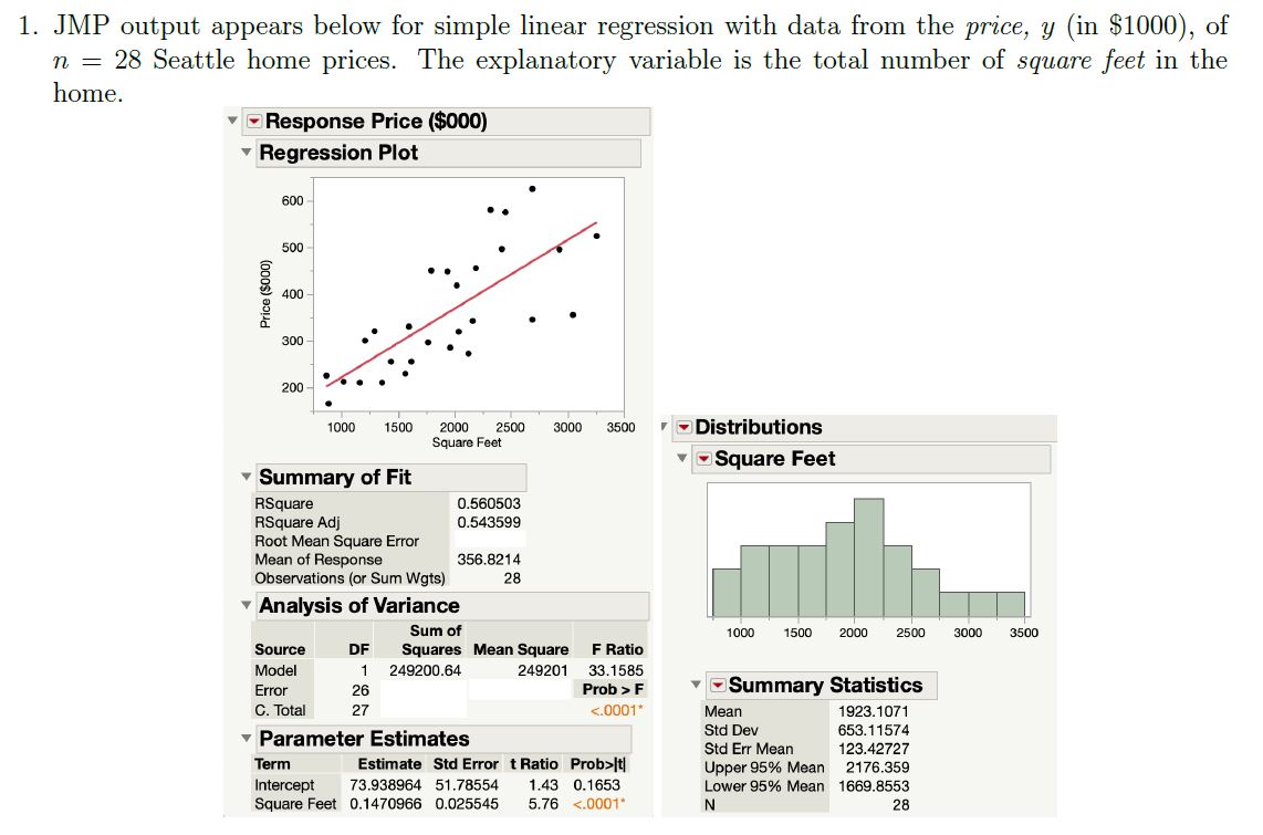 1. JMP output appears below for simple linear regression with data from the price, y (in $1000), of
n = 28 Seattle home prices. The explanatory variable is the total number of square feet in the
home.
VOResponse Price ($000)
v Regression Plot
600
500
400
300
200
1000
1500
2000
2500
3000
3500
DDistributions
Square Feet
Square Feet
Summary of Fit
RSquare
RSquare Adj
Root Mean Square Error
Mean of Response
Observations (or Sum Wgts)
0.560503
0.543599
356.8214
28
v Analysis of Variance
Sum of
1000
1500
2000
2500
3000
3500
Source
DF
Squares Mean Square
F Ratio
Model
249200,64
249201
33.1585
Prob > F
Summary Statistics
Error
26
C. Total
27
<.0001*
Mean
1923.1071
653,11574
123.42727
Std Dev
- Parameter Estimates
Std Err Mean
Term
Estimate Std Error t Ratio Prob>lt|
Upper 95% Mean
Lower 95% Mean 1669.8553
2176.359
1.43 0.1653
Intercept
Square Feet 0.1470966 0.025545
73.938964 51.78554
5.76 <.0001"
28
Price ($000)
