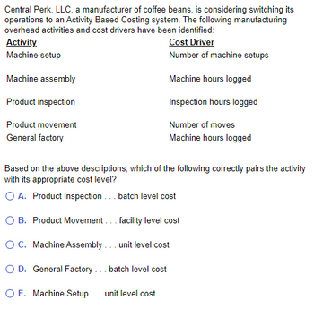 Central Perk, LLC, a manufacturer of coffee beans, is considering switching its
operations to an Activity Based Costing system. The following manufacturing
overhead activities and cost drivers have been identified:
Activity.
Machine setup
Machine assembly
Product inspection
Product movement
General factory
Cost Driver
Number of machine setups
Machine hours logged
Inspection hours logged
Number of moves
Machine hours logged
Based on the above descriptions, which of the following correctly pairs the activity
with its appropriate cost level?
O A. Product Inspection... batch level cost
OB. Product Movement... facility level cost
O C. Machine Assembly... unit level cost
O D. General Factory... batch level cost
O E. Machine Setup... unit level cost