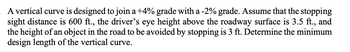 A vertical curve is designed to join a +4% grade with a -2% grade. Assume that the stopping
sight distance is 600 ft., the driver's eye height above the roadway surface is 3.5 ft., and
the height of an object in the road to be avoided by stopping is 3 ft. Determine the minimum
design length of the vertical curve.