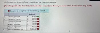 d. Calculate the amount of interest paid over the life of this mortgage.
(For all requirements, do not round intermediate calculations. Round your answers to 2 decimal places. (e.g., 32.16))
a.
b.
C.
d.
Answer is complete but not entirely correct.
Amount
Monthly payment
Amount of interest
Amount of principal
Amount of interest
Amount of principal
Amount of interest paid
$
$
601.54
388.99 X
212.55
$ 429.83
$
171.71
$ 76,555.58
$
2