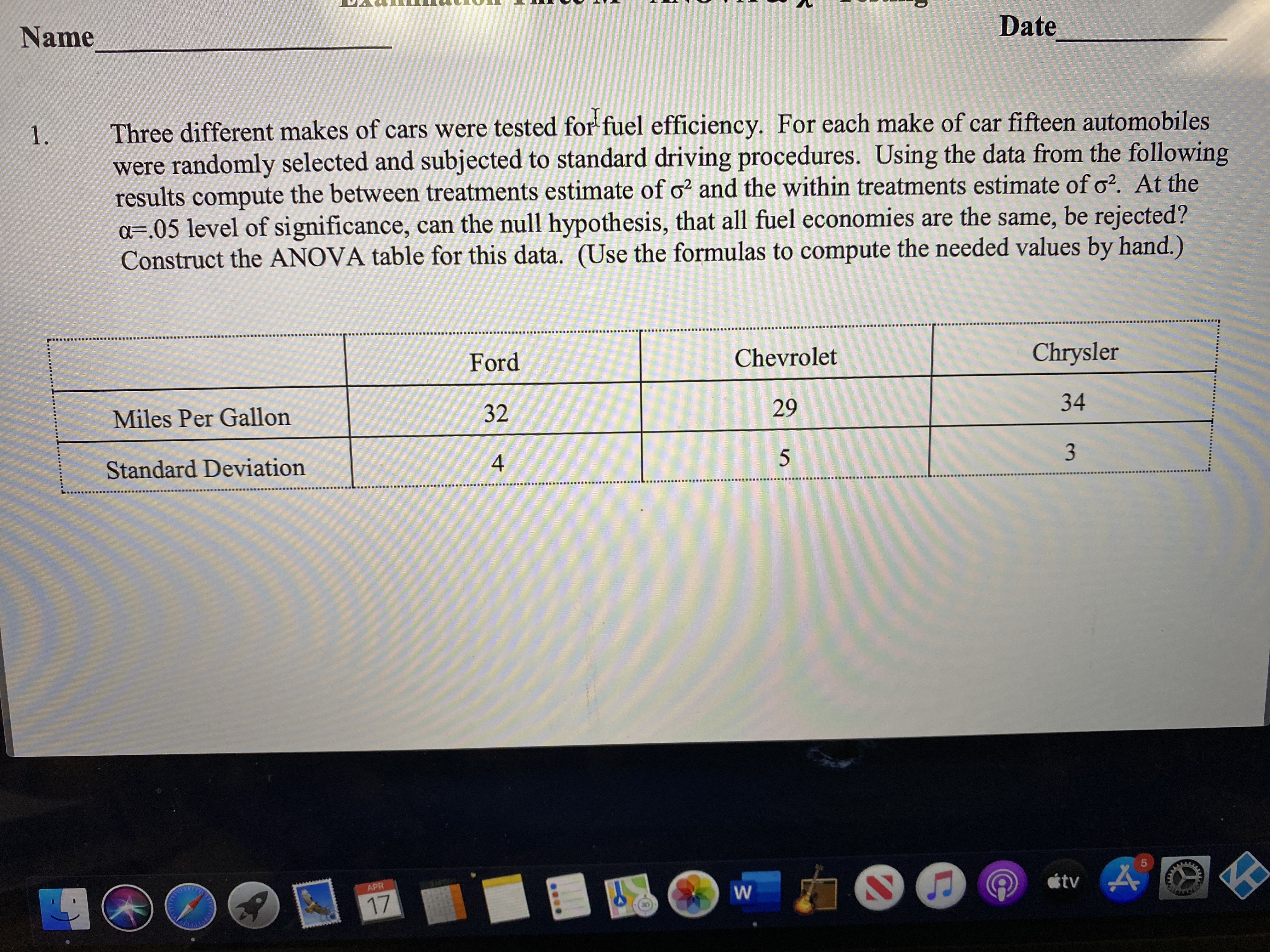 Name
Date
Three different makes of cars were tested for fuel efficiency. For each make of car fifteen automobiles
were randomly selected and subjected to standard driving procedures. Using the data from the following
results compute the between treatments estimate of o² and the within treatments estimate of o?. At the
a=.05 level of significance, can the null hypothesis, that all fuel economies are the same, be rejected?
Construct the ANOVA table for this data. (Use the formulas to compute the needed values by hand.)
1.
Ford
Chevrolet
Chrysler
Miles Per Gallon
32
29
34
Standard Deviation
4
APR
17
étv 4
3.
w/
