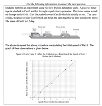 Use the following information to answer the next question
Students perform an experiment using two low-friction laboratory carts. A piece of timer
tape is attached to Cart I and fed through a spark timer apparatus. The timer makes a mark
on the tape each 0.10s. Cart I is pushed toward Cart II which is initially at rest. The carts
collide, the piece of clay is deformed and holds the carts together as they continue to move.
The mass of Cart I is 1.54kg.
Timer tape
Piece of clay
Spark
timer
Tabletop
Cart I
Cart II
The students repeat the above procedure manipulating the initial speed of Cart I. The
graph of their observations is given below.
Speed of Carts I and II (After the Collision) as a Function of the Speed of Cart I
(Before the Collision)
3
2
1
3
4
6
7
Speed of Cart I before the collision (cm/s)
Speed of carts I and II after the collision (cm/s)
