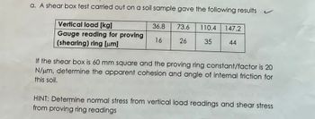 a. A shear box test carried out on a soil sample gave the following results ✓
Vertical load [kg]
36.8 73.6
110.4
147.2
Gauge reading for proving
16
26
35
44
(shearing) ring [μm]
If the shear box is 60 mm square and the proving ring constant/factor is 20
N/μm, determine the apparent cohesion and angle of internal friction for
this soil.
HINT: Determine normal stress from vertical load readings and shear stress
from proving ring readings