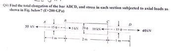 Q4) Find the total elongation of the bar ABCD, and stress in each section subjected to axial loads as
shown in Fig. below? (E=200 GPa)
35 kN 4
A
150-
B
C
↓
D
5 kN
20
10 kN
150
40kN
1
1 m
+
2 m
1 m