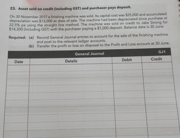 23. Asset sold on credit (including GST) and purchaser pays deposit.
On 30 November 2017 a finishing machine was sold. Its capital cost was $25,000 and accumulated
depreciation was $13,000 at date of sale. The machine had been depreciated since purchase at
22.5% pa using the straight line method. The machine was sold on credit to Jake Strong for
$14,300 (including GST) with the purchaser paying a $1,000 deposit. Balance date is 30 June.
Required: (a) Record General Journal entries to account for the sale of the finishing machine
and post to the relevant ledger accounts.
(b) Transfer the profit or loss on disposal to the Profit and Loss account at 30 June.
General Journal
Date
Details
Debit
GJ1
Credit