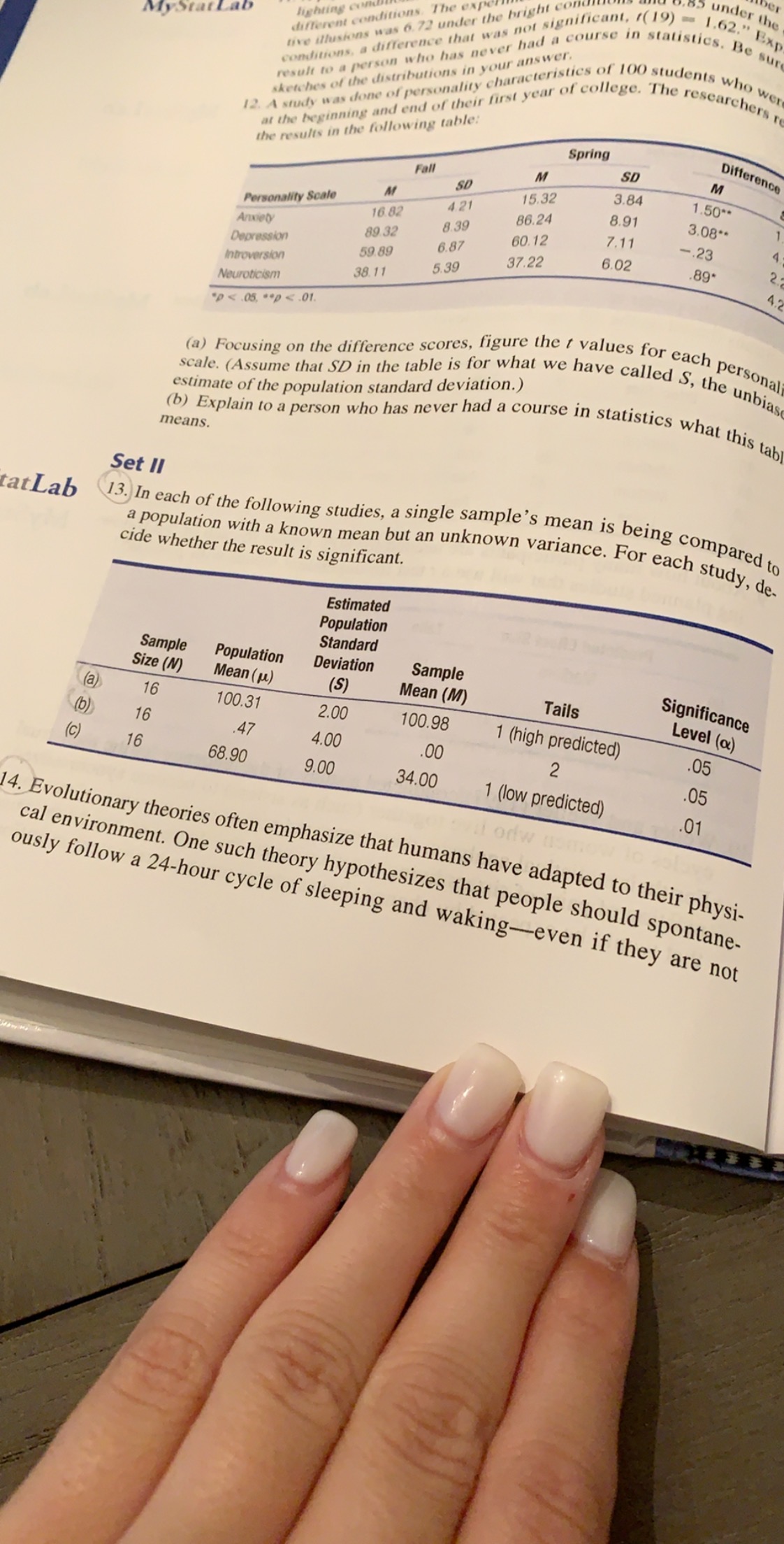 ber
under the
ighting con.
different conditions The expe
tive illusions was 6.72 under the bright co
MyStatLab
conditions, a difference that was not significant, r(19)-1.62." Exp
result to a person who has never had a course in statistics. Be sur
researchers re
The
'college
at the beginning and end of their first year of
the results in the following table
12 A study was done of personality characteristics of 100 students who were
sketches of the distributions in your answer
Difference
Spring
SD
M
Fall
3.84
SD
1.50*
15.32
Personality Scale
Anxiety
Depression
4.21
8.91
3.08
1
86.24
16.82
8.39
7.11
-23
60.12
89 32
6.87
6.02
22
89*
37.22
59 89
5.39
4.2
Introversion
38.11
Neuroticism
DA 05,p<.01
(a) Focusing on the difference scores, figure the t values for each personal
scale. (Assume that SD in the table is for what we have called S, the unbiase
(b) Explain to a person who has never had a course in statistics what this tabl
estimate of the population standard deviation.)
means
Set II
13. In each of the following studies, a single sample's mean is being compared to
a population with a known mean but an unknown variance. For each study, de-
tatLab
cide whether the result is significant.
Estimated
Population
Standard
Sample
Size (N)
Population
Mean (u)
Sample
Mean (M)
Deviation
Significance
Level (a)
(S)
Tails
(a)
16
100.31
2.00
100.98
1 (high predicted)
(b)
16
05
.47
4.00
.00
2
16
68.90
.05
9.00
34.00
1 (low predicted)
.01
14. Evolutionary theories often emphasize that humans have adapted to their physi
cal environment. One such theory hypothesizes that people should spontane-
ously follow a 24-hour cycle of sleeping and waking-even if they are not
99
