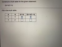 Construct a truth table for the given statement.
(q+p)→
Fill in the truth table.
qp
(q+p)→q
F
