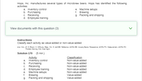 Hops, Inc. manufactures several types of microbrew beers. Hops has identified the following
activities:
a. Inventory control
b. Purchasing
c. Receiving
d. Employee training
e. Machine setups
f. Brewing
g. Packing and shipping
View documents with this question (3)
Instructions
Classify each activity as value-added or non-value-added.
Ans: N/A, LO: 6. Bloom: C. Difficulty: Esy, Min: 5. AACSB: Refilective. AICPA BB: IndustrylSector Perspective, AICPA FN: Mlessurement, AICPA PC:
Problem Solving. IMA: Cos: Mgmt
Solution 170 (5 min.)
Activity
a. Inventory control
b. Purchasing
c. Receiving
d. Employee training
Machine setups
Brewing
g. Packing and shipping
Classification
Non-value-added
Non-value-added
Non-value-added
Non-value-added
e.
Non-value-added
f.
Value-added
Value-added
>
