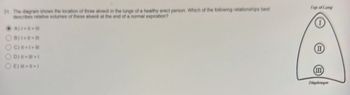 31 The diagram shows the location of three alveol in the lungs of a healthy erect person. Which of the following relationships best
describes relative volumes of these alveol at the end of a normal expiration?
ⒸA) >> |
OB)1=|| = ||
C) || >1 >|||
D) ||||||
E) >>1
Top of Lung
Diaphragm