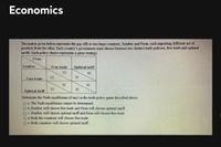 Economics
The matrix given below represents the pay offs to two large countries, Zombec and Firan, each importing different set of
products from the other. Each country's government must choose between two distinct trade policies, free trade and optimal
tariffs. Each policy choice represents a game strategy.
Firan
Zombec
Free trade
Optim al tariff
50
60
Free trade
50
30
30
40
60
Optimal tariff
40
Determine the Nash equilibrium (if any) in the trade policy game described above.
O a. The Nash cquilibrium cannot be determined.
O b.Zombec will choose free trade and Firan will choose optimal tariff
Oc Zombec will choose optimal tariff and Firan will choose free trade.
Od. Both the countries will choose free trade.
e. Both countries will choose optimal tariff.
